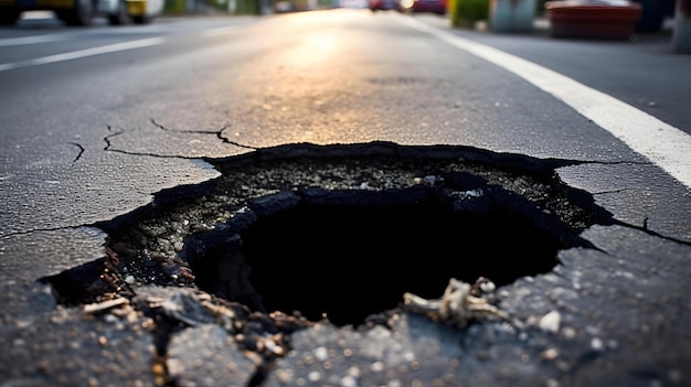 Strada asfaltata rotta con un buco