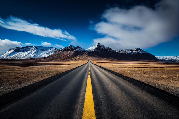 Strada asfaltata vuota in Islanda con montagne innevate sullo sfondo ai generativo