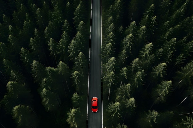 Strada attraverso la foresta verde Vista aerea guida in auto rossa che attraversa la foresta Generazione di intelligenza artificiale