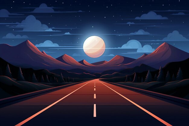 Strada autostradale di notte con le montagne sullo sfondo illustrazione generata da AI