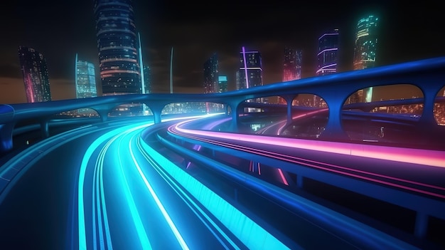 Strada autostradale in stile futuristico con luce al neon blu Illustrazione futuristica delle tecnologie future IA generativa