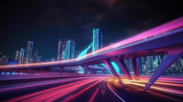 Strada autostradale in stile futuristico con luce al neon blu Illustrazione futuristica delle tecnologie future IA generativa