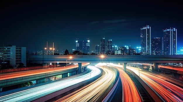 Strada autostradale in stile futuristico con luce al neon blu Illustrazione futuristica delle tecnologie future IA generativa