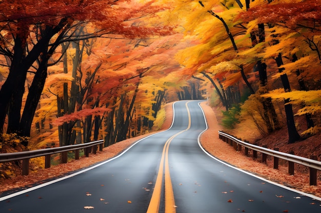 strada autunnale fiancheggiata da alberi colorati che invitano i viaggiatori ad abbracciare il viaggio dell'equinozio