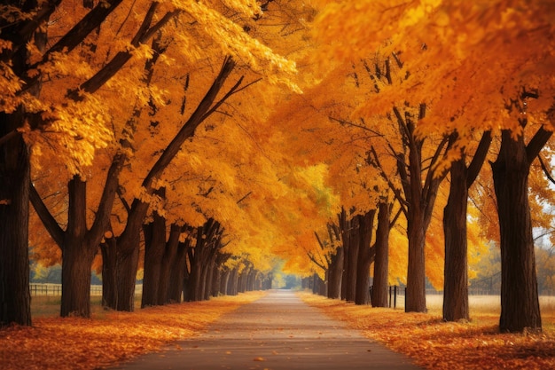 Strada autunnale nel parco con alberi colorati e foglie gialle