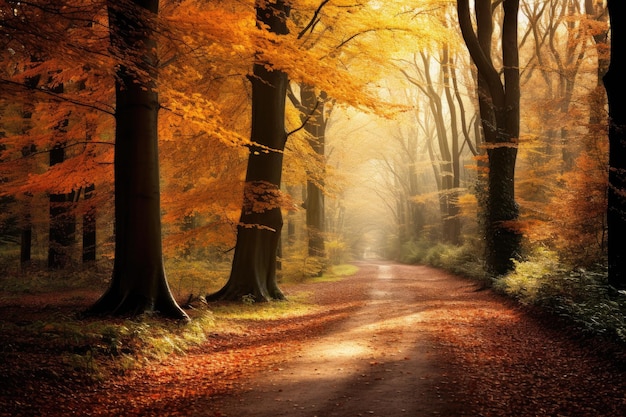 Strada autunnale nella foresta al tramonto Bellissimo sfondo naturale Presenta uno scenario di foresta autunnale con una strada ricoperta di foglie autunnali e una luce calda che illumina il fogliame dorato Generato dall'IA