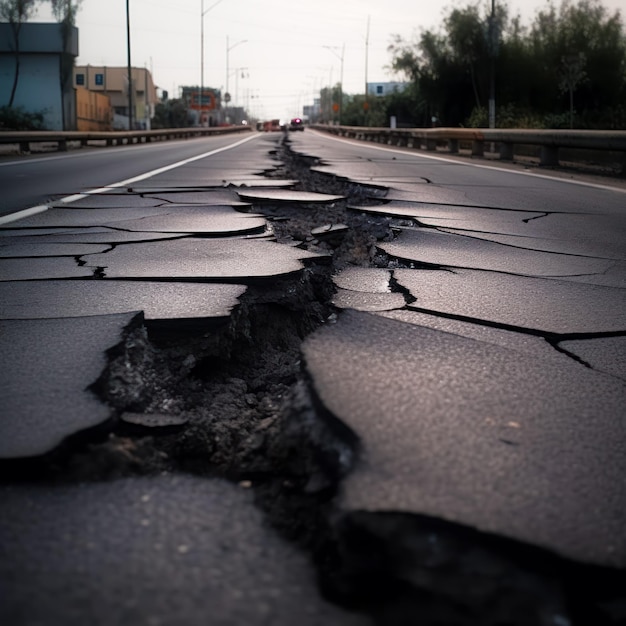 Strada che ha una crepa nel mezzo e un edificio sullo sfondo IA generativa