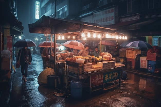 Strada cinese di notte con gente che piove e cibo di strada che può evocare un senso di atmosfera vivace Luci umide della città ed esperienze culinarie esotiche AI generativa