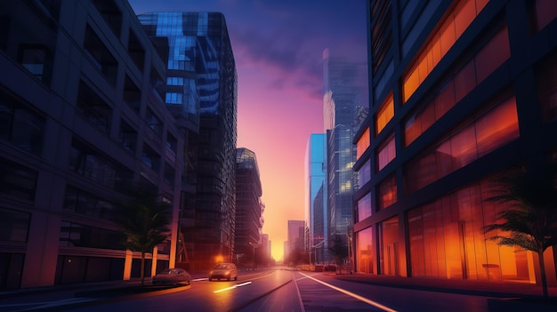 Strada cittadina con edifici per uffici di notteIllustrazione futuristica delle tecnologie del futuro IA generativa