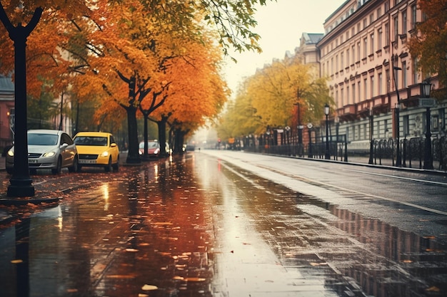 Strada cittadina d'autunno in tempo di pioggia