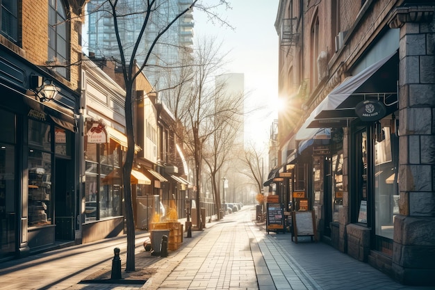 Strada cittadina fiancheggiata da negozi Scenario del quartiere dello shopping AI generativa