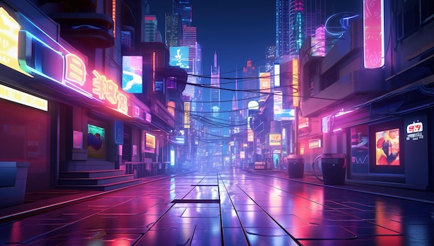 Strada cittadina futuristica con luci al neon e grattacieli
