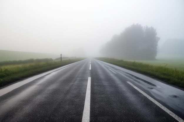 Strada con asfalto bagnato in mattinata nebbiosa circondata da un paesaggio nebbioso