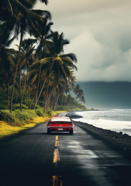 Strada con auto, mare e palme Concetto di viaggio estivo Carta da parati per le vacanze