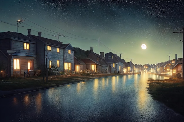 Strada con cottage residenziali con garage sotto la luna e le stelle nell'illustrazione 3d del cielo scuro