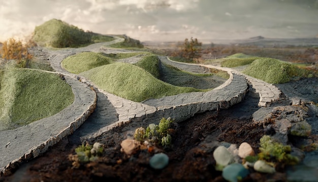 Strada con erba verde e rocce intorno sotto il cielo blu