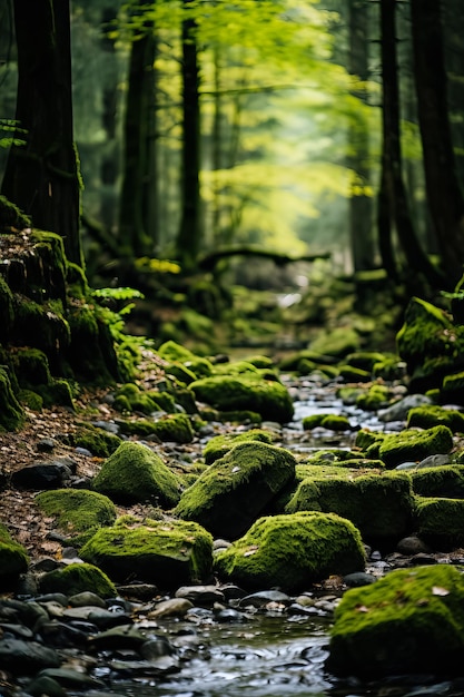 Strada con muschio in una foresta