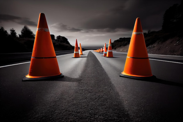 Strada con strato di asfalto fresco e coni stradali per indirizzare i conducenti a rallentare