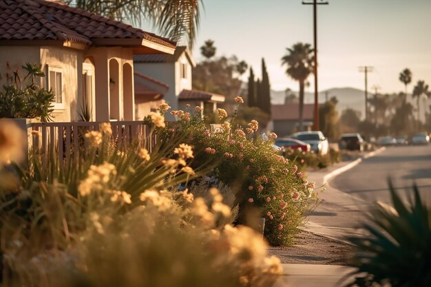 Strada con una casa e palme sullo sfondo