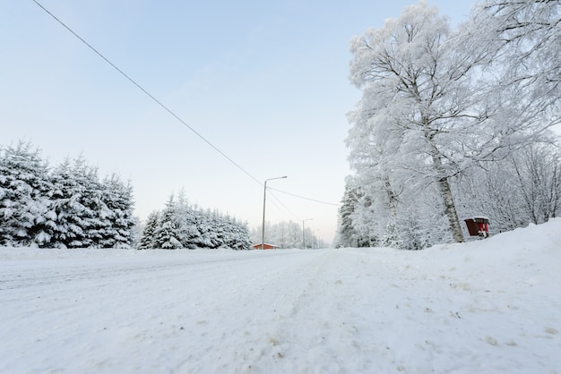 Strada coperta di forti nevicate