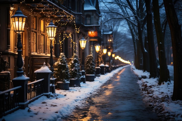 Strada coperta di neve nei sobborghi in inverno la vigilia di Capodanno