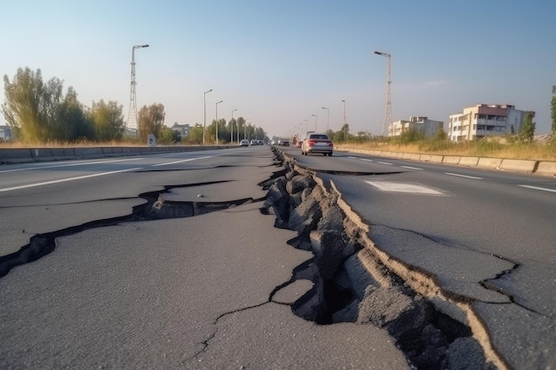 Strada crepa dopo i danni del terremoto Genera Ai