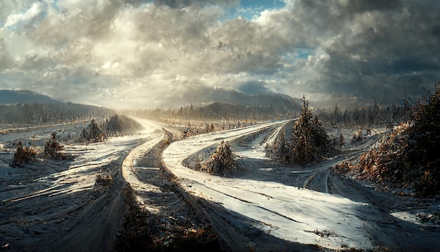 Strada d'inverno in montagna Campi innevati sotto un cielo grigio con nuvole