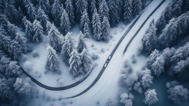Strada del paesaggio invernale nella neve tra gli alberi vista dall'alto ripresa aerea