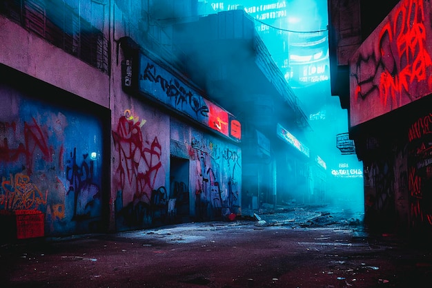 Strada della città cyberpunk futuristica scura con graffiti e smog di notte Illustrazione 3D di distopia