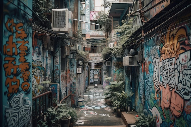 Strada della città di Lofi con graffiti colorati e motivi intricati