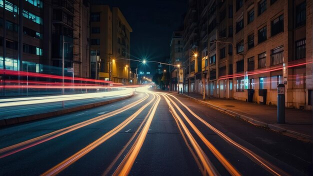 Strada della città di notte con sentieri di luci per auto