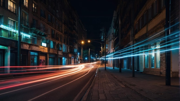 Strada della città di notte con sentieri di luci per auto