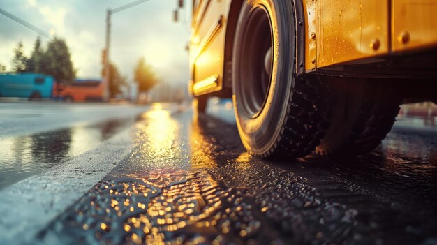 Strada della città dopo la pioggia con il sole che si riflette sull'asfalto bagnato e l'autobus giallo
