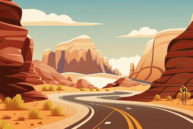 Strada desertica con maestosa catena montuosa in lontananza IA generativa