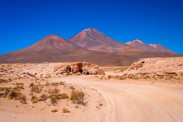 Strada desertica sabbiosa e ghiaiosa attraverso l'Altiplano meridionale