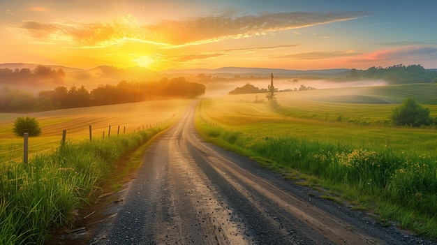 Strada di campagna con il tramonto sullo sfondo