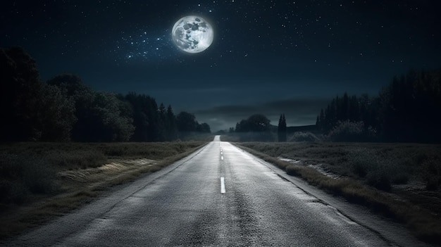 Strada di campagna di notte con la luna e le stelle generative ai