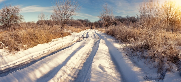 Strada di campagna ricoperta di neve al tramonto nella foresta invernale. Panorama