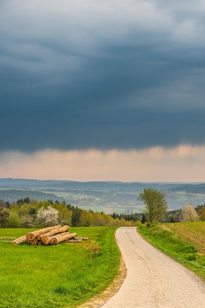 Strada di campagna rurale e dolci colline in Polonia