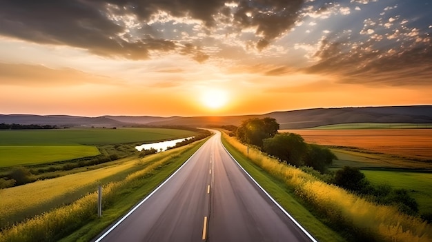 Strada di campagna tortuosa panoramica attraverso terreni agricoli verdi in Hill Country Sun Sunshine In Sunset Bright Sky Concetto agricolo e previsioni meteorologiche