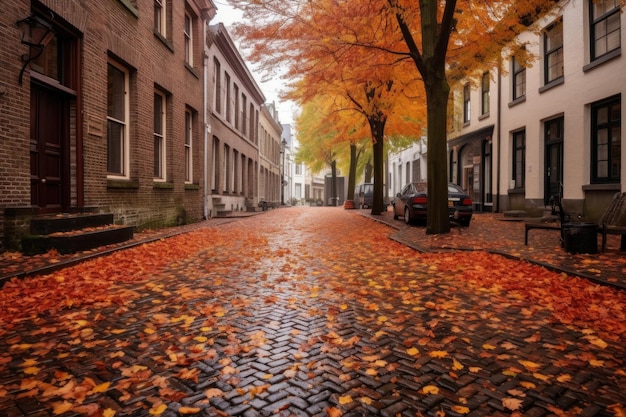 Strada di ciottoli con foglie d'autunno sparse creata con ai generativi