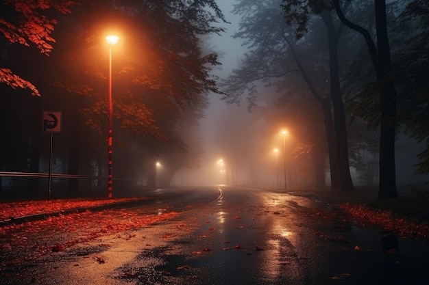 Strada di città nebbiosa autunnale con strada e lanterne rendering 3d Una strada asfaltata di campagna vuota illuminata attraverso gli alberi e il villaggio in una nebbia in una piovosa giornata autunnale AI generato