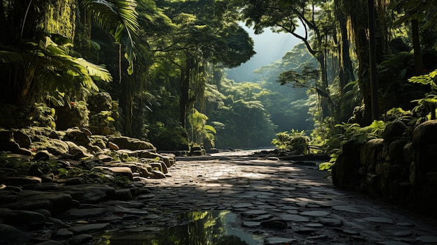 strada di ghiaia con palme e vegetazione tropicale