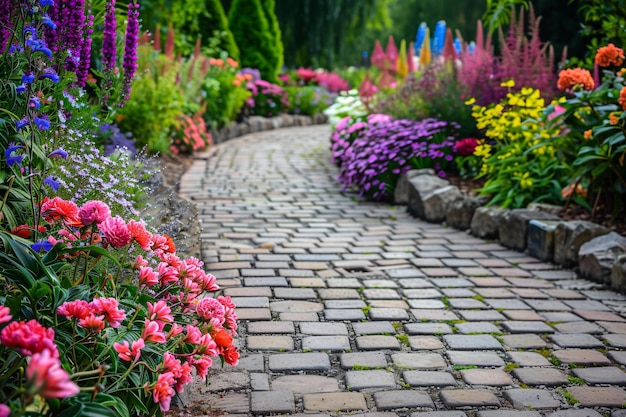 Strada di mattoni grigi in giardino con fiori