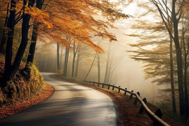 Strada di montagna che si snoda tra gli alberi autunnali con la nebbia mattutina