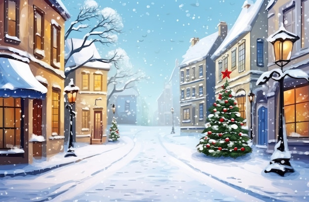 Strada di Natale in inverno cartone animato