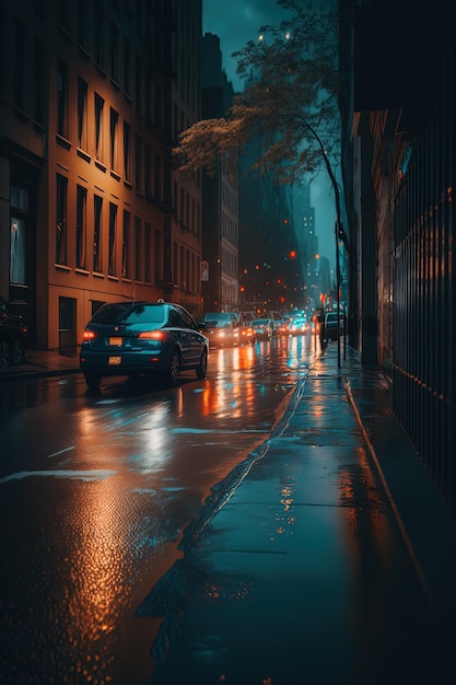 Strada di New York City di notte strada bagnata AIGenerato