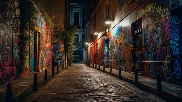 Strada di notte con graffiti colorati sul muro