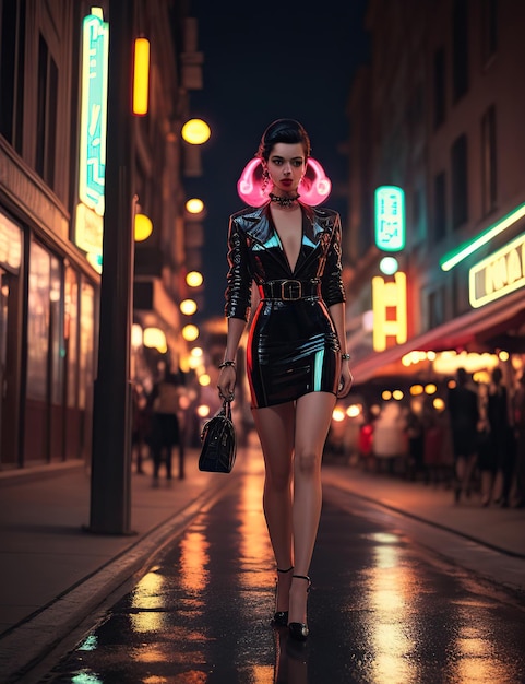 Strada di notte con segni al neon in stile retro con modello su una passerella all'aperto