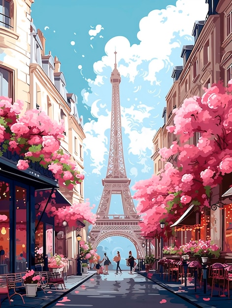 Strada di Parigi con la Torre Eiffel Parigi Francia Illustrazione vettoriale